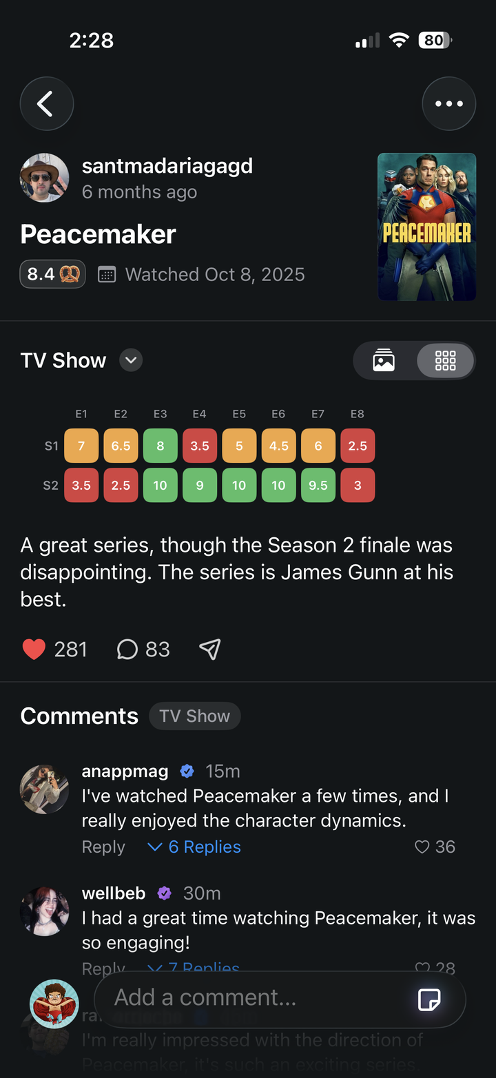 Pretzel episode detail screen with rating controls.