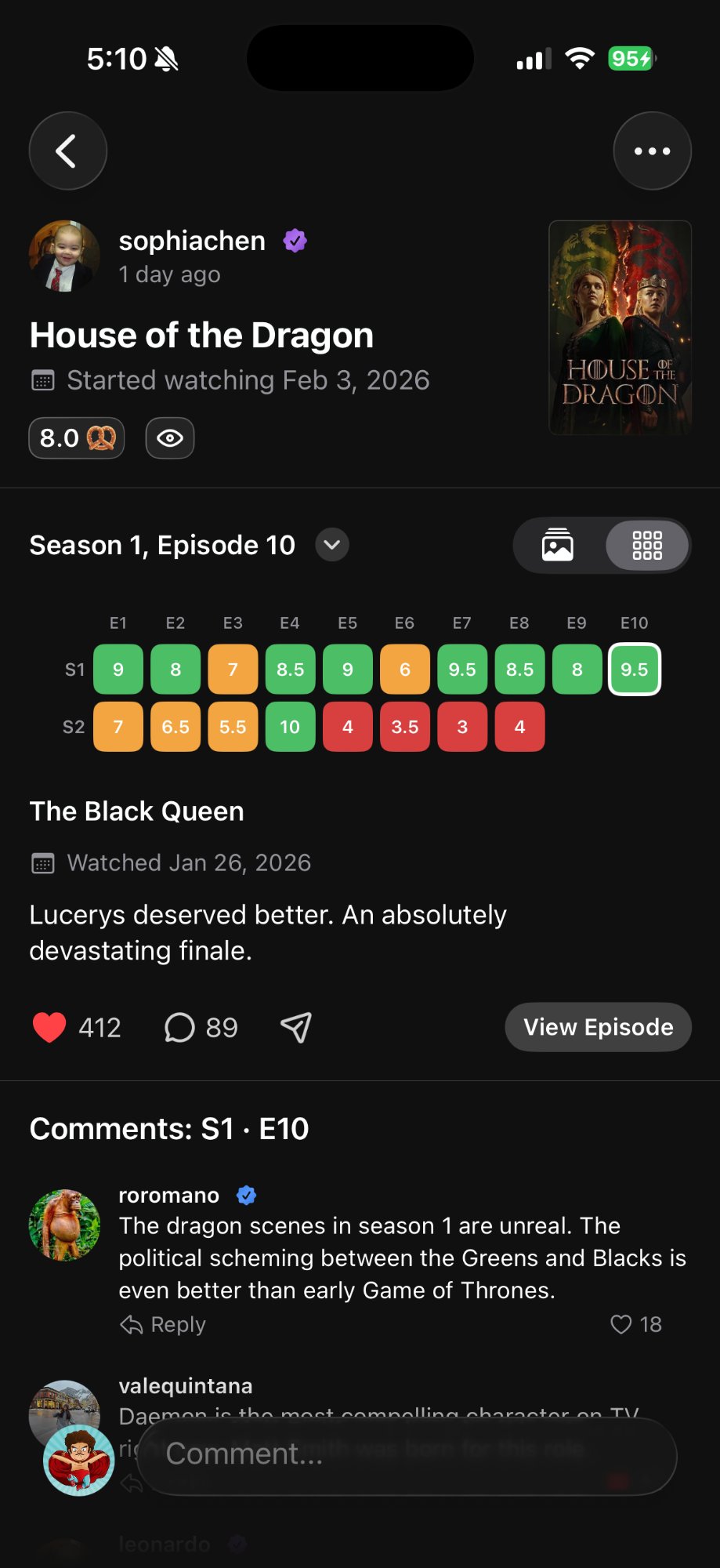 Episode ratings screen with score chips for each episode and season.
