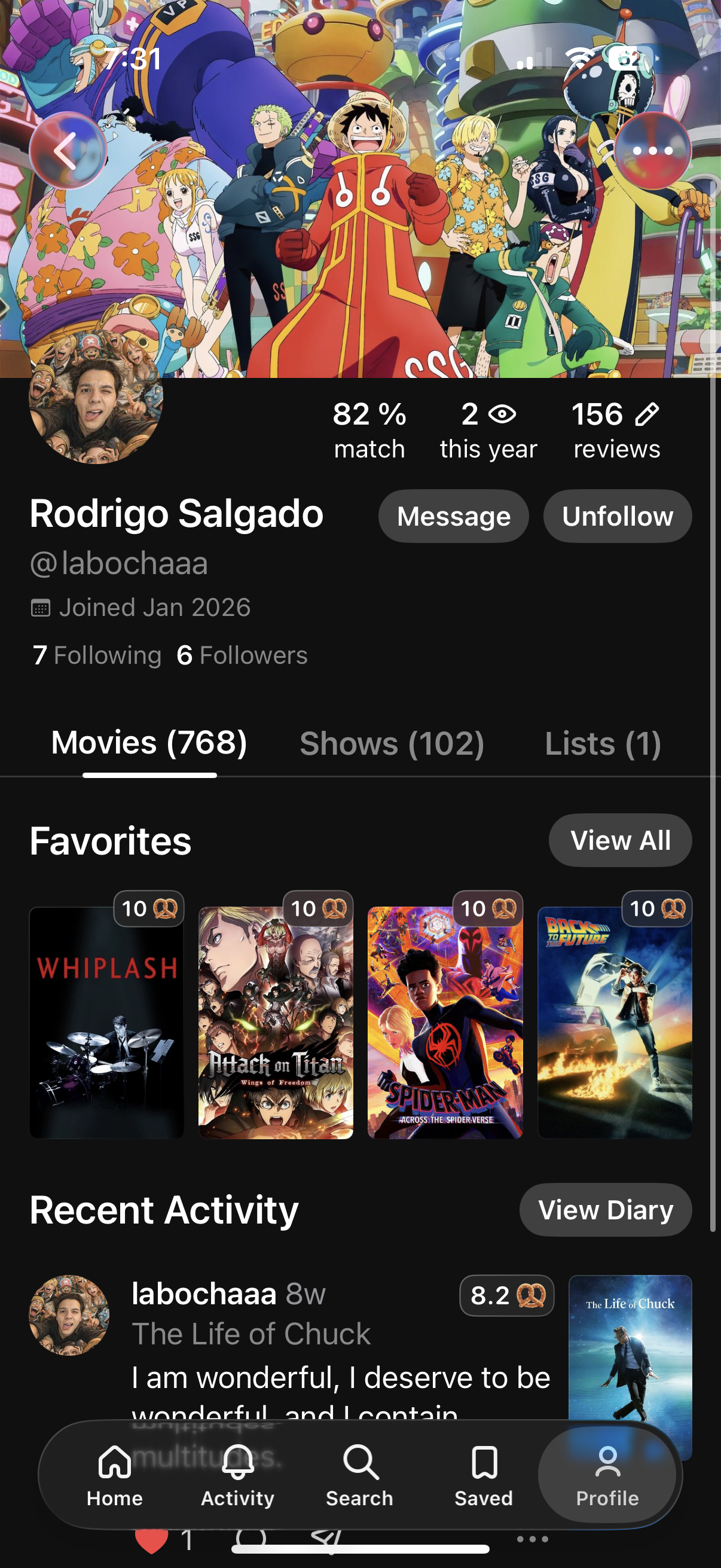 User profile screen with favorites and recent movie activity.
