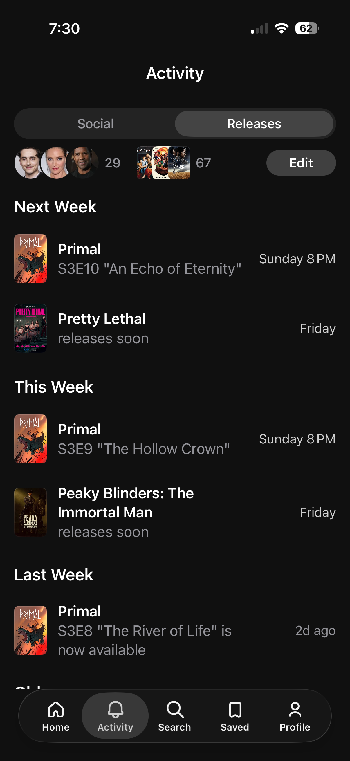 Release activity screen showing upcoming episodes and watch schedule.